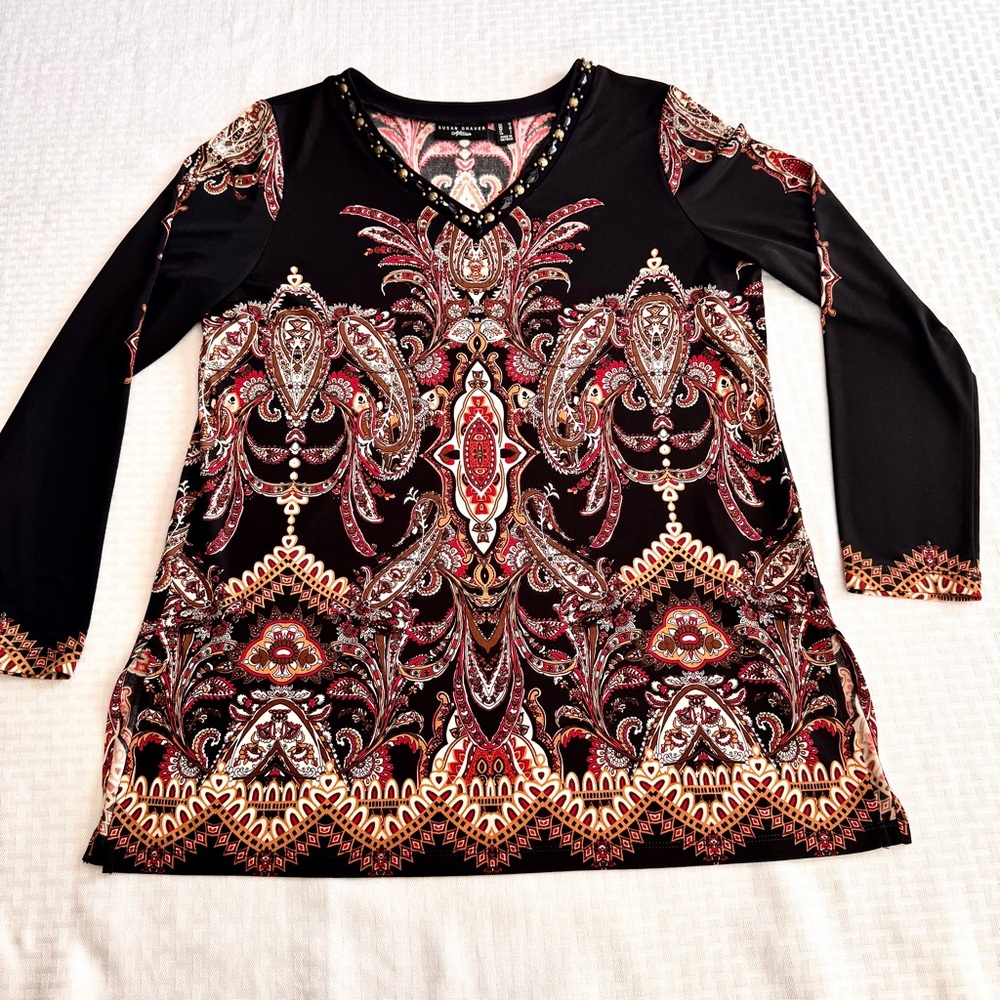 Susan Graver Artisan Paisley Embellished V-Neck‎ Tunic Top Black Red Med A281175